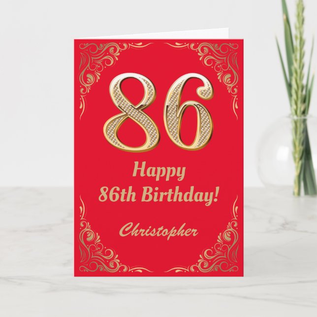 86:e födelsedag Röda och Guld Glitter Ram Kort (Framsida)