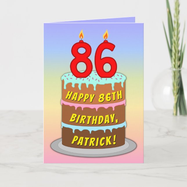 86th Birthday — Fun Cake & Candles, w/ Custom Name Kort (Framsida)