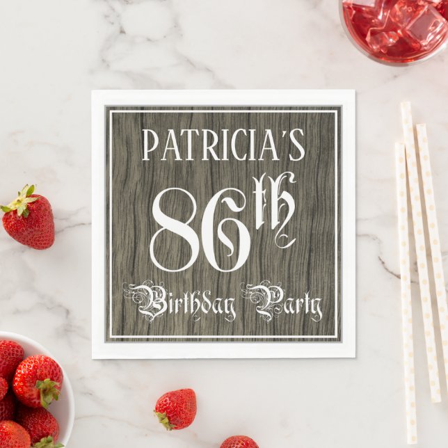 86th Birthday Party — Fancy Script, Faux Wood Look Pappersservett (Insitu)