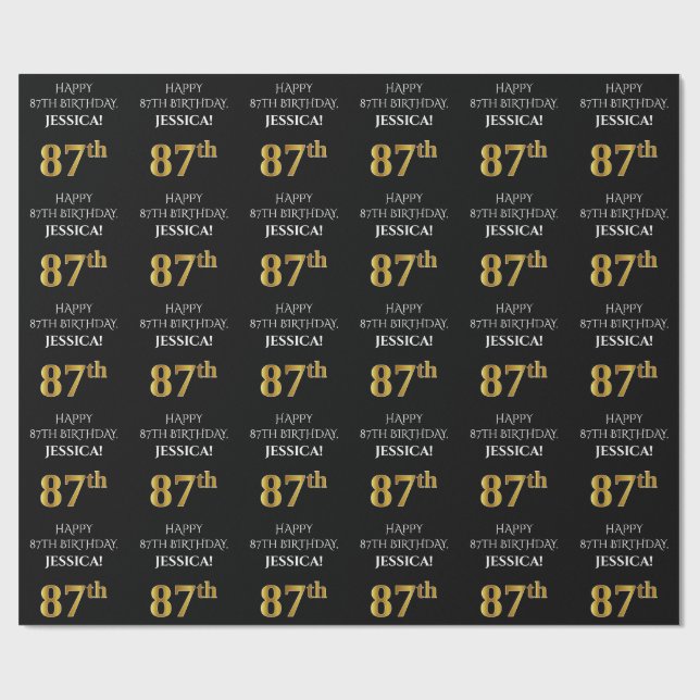 87:e födelsedag: Elegant, svart, faux Guld-utseend Presentpapper (Platt)