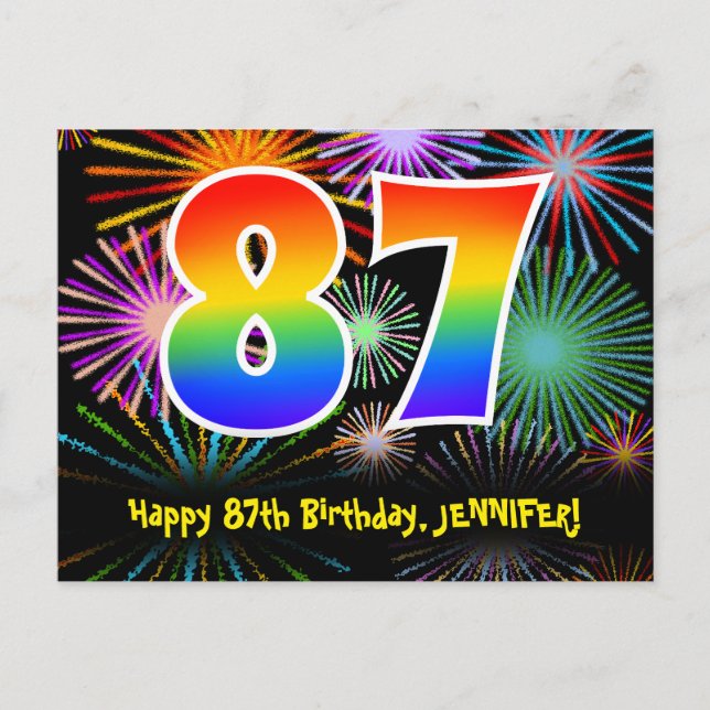 87:e födelsedagen - Roligt Fireworks Mönster + Rai Vykort (Framsida)