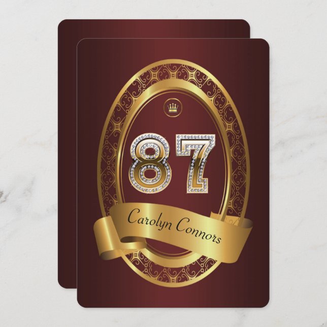 87:e, födelsedagsfest kvinnlig man,elegant färg inbjudningar (Fram/baksida)