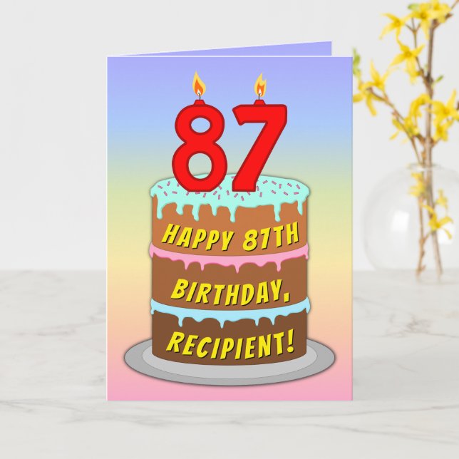 87th Birthday — Fun Cake & Candles, w/ Custom Name Kort (Gul blomma)