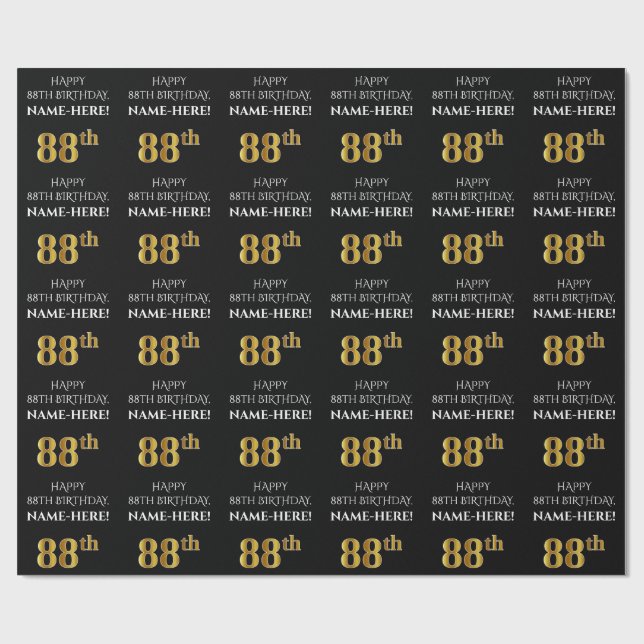 88:e födelsedag: Elegant, svart, faux Guld-utseend Presentpapper (Platt)