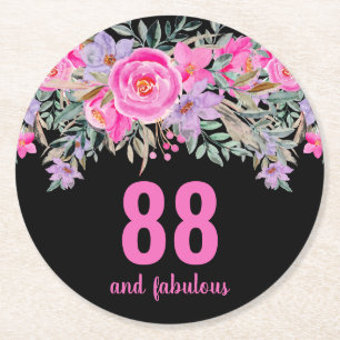 88:e födelsedag rosa svart blommigt underlägg papper rund