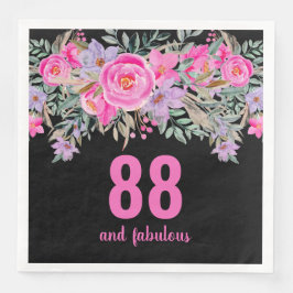 88:e födelsedag rosa svarta blommigt party blöjor pappersservett
