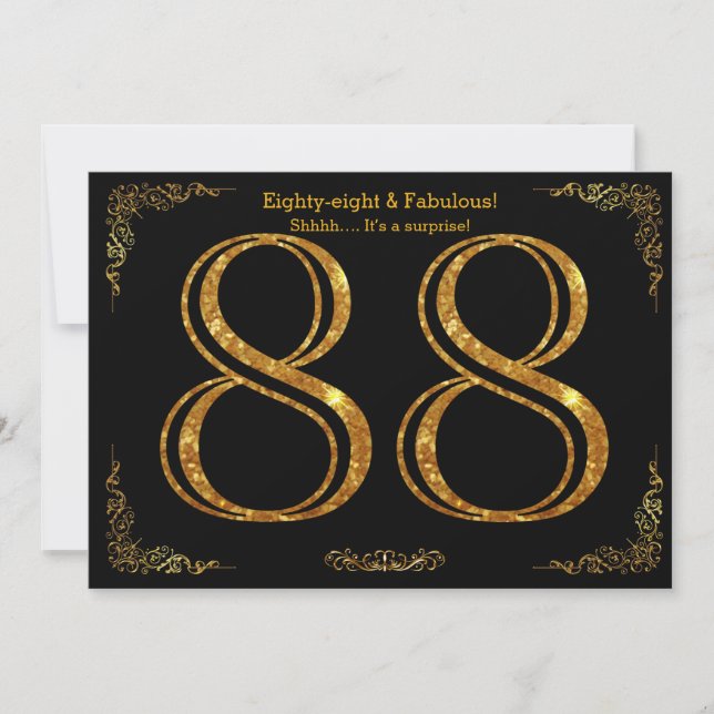 88:e Födelsedagsfesten,Gatsby styl,svart guld glit Inbjudningar (Framsida)