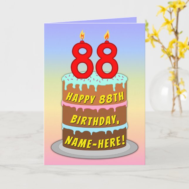 88th Birthday — Fun Cake & Candles, w/ Custom Name Kort (Gul blomma)