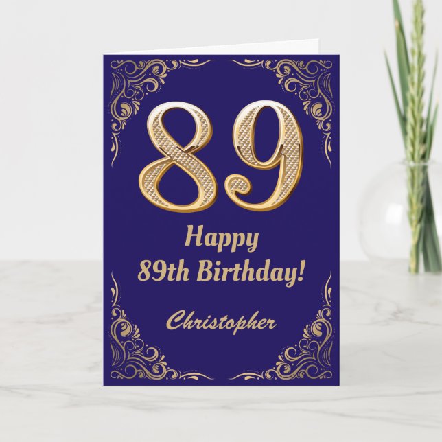 89:e födelsedag Blått och Guld Glitter Ram Kort (Framsida)