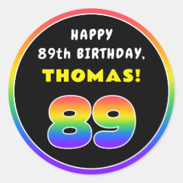 89:e födelsedag: Färgfullt regnbåge nr 89, anpassa Runt Klistermärke