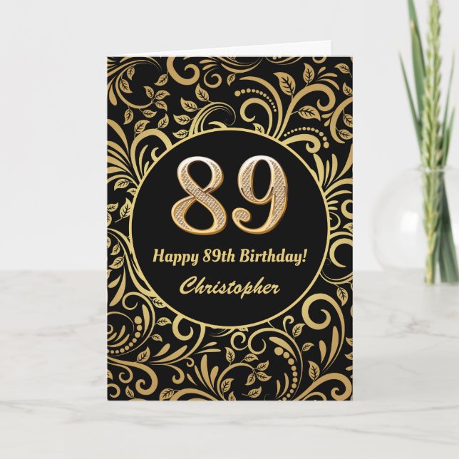 89:e födelsedag Svarta och Guld-Blommönstret Kort (Framsida)