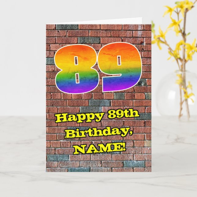89:e födelsedagen: Roligt Graffiti-Inspired Rainbo Kort (Gul blomma)