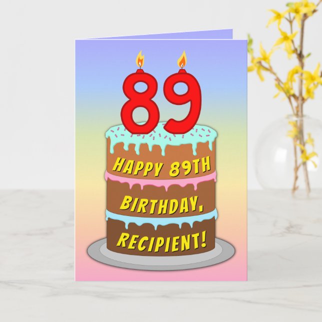 89th Birthday — Fun Cake & Candles, w/ Custom Name Kort (Gul blomma)