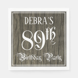89th Birthday Party — Fancy Script, Faux Wood Look Pappersservett