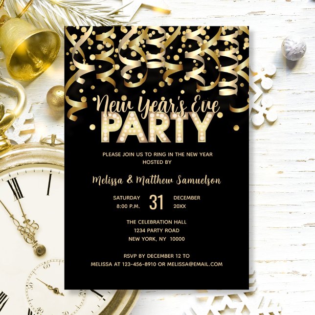 8,9 x 12,7 cm Personlig NYÅRSAFTON FEST Guld Svart Inbjudningar (2024 NEW YEAR'S EVE PARTY Gold Glitter Black Invitation)