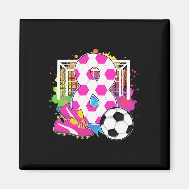 8 år gammal födelsedagsflicka 8-årsdag fotboll tem magnet (Framsidan)