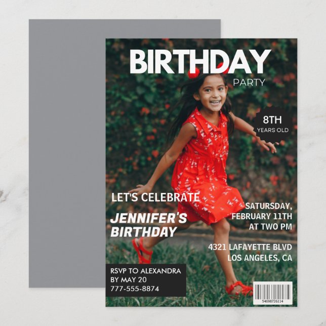 8-års födelsedagsinbjudningar till henne Tidningso Inbjudningar (Fram/baksida)