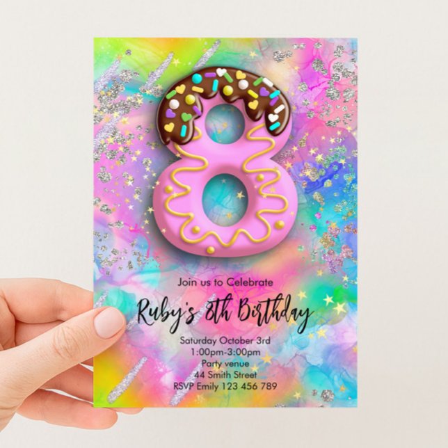 8-årsdag Regnbåge Glitter Guldstjärna Inbjudningar (Skapare uppladdad)