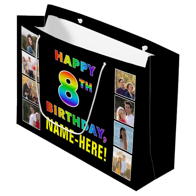8-årsdag: Regnbågstext, anpassade foton & namn (Framsidan Vinklad)