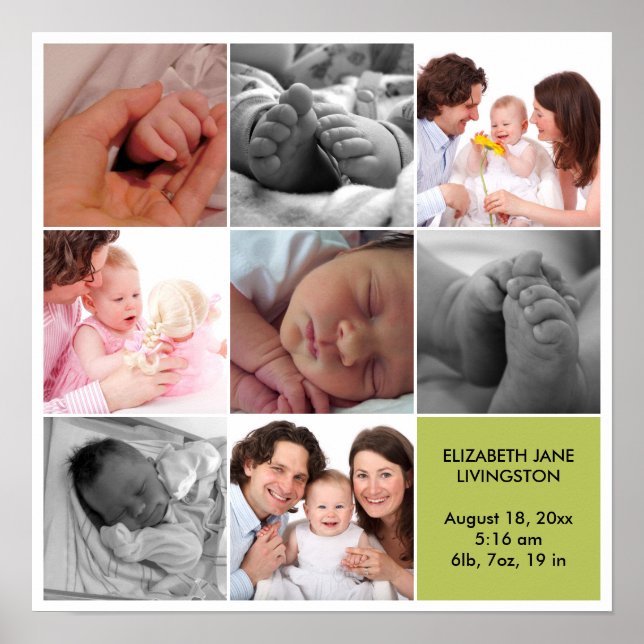 8 baby fotomodern collage grönt vit gräns poster (Framsidan)