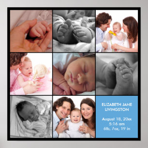 8 babys fotomodern collage blå svart kant poster