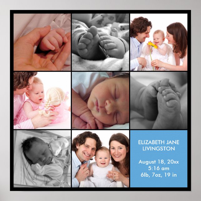 8 babys fotomodern collage blå svart kant poster (Framsidan)