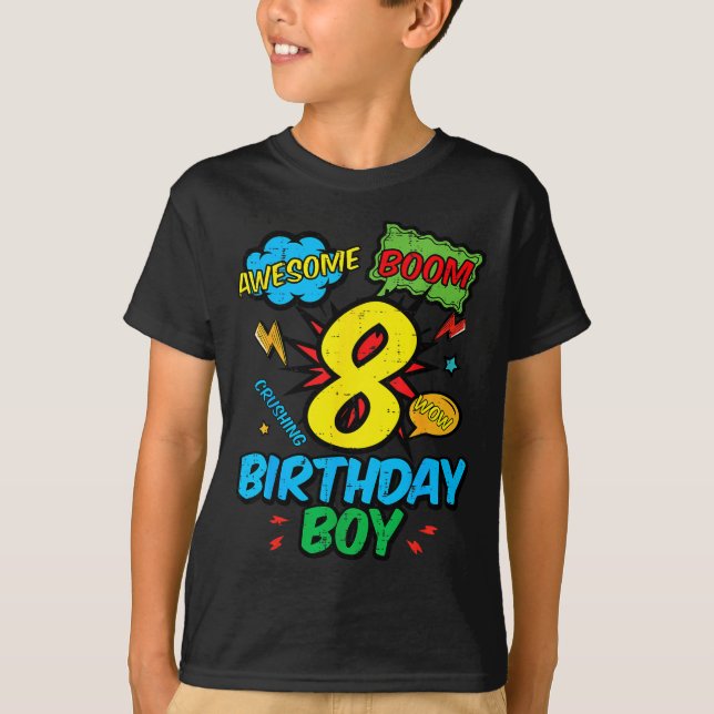 8 Birthday Boy Comic Cool 8th Bday Superhero Party T Shirt (Framsida)