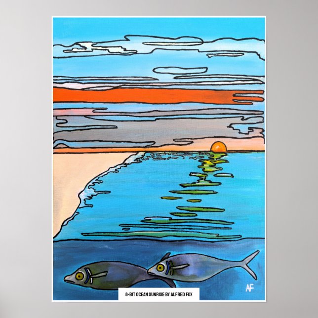 8-Bit Ocean Sunrise Målning av Alfred Fox Poster (Framsidan)