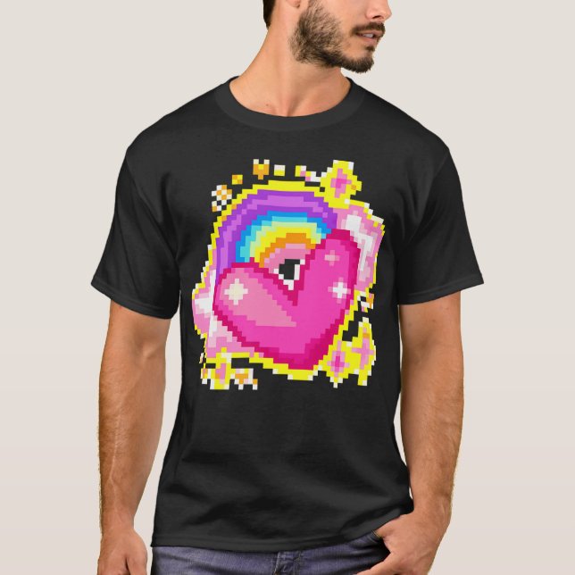 8-Bit Pixel Regnbåge Hjärtat T Shirt (Framsida)