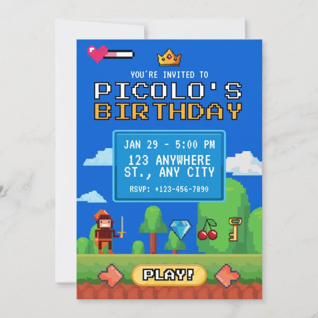 8-Bit Retro TV-Spel Pixel Art Spelare Födelsedag Inbjudningar (Framsida)