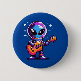 8-bitars Alien Guitarist - Retro Pixel Space Music Knapp