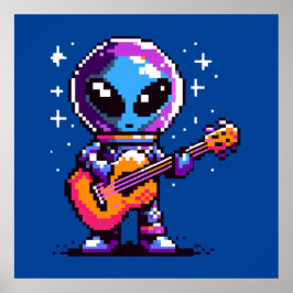 8-bitars Alien Guitarist - Retro Pixel Space Music Poster