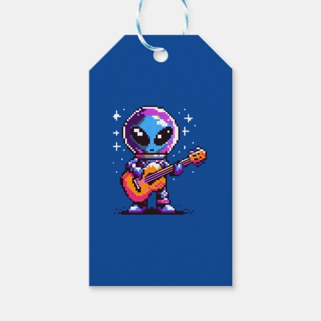 8-bitars Alien Guitarist - Retro Pixel Space Music Presentetikett (Framsidan)