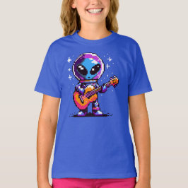 8-bitars Alien Guitarist - Retro Pixel Space Music T Shirt