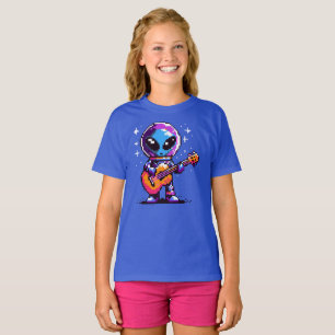 8-bitars Alien Guitarist - Retro Pixel Space Music T Shirt