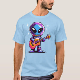 8-bitars Alien Guitarist - Retro Pixel Space Music T Shirt