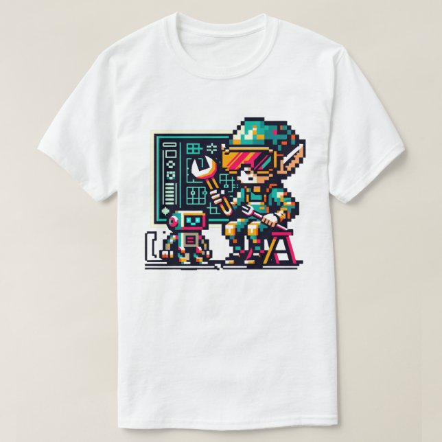 8-bitars Cyberpunk Elf & Robot Retro Pixel Art Des T Shirt (Design framsida)