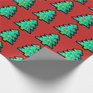 8-bitars Grönt Julgran med röd bakgrund Presentpapper