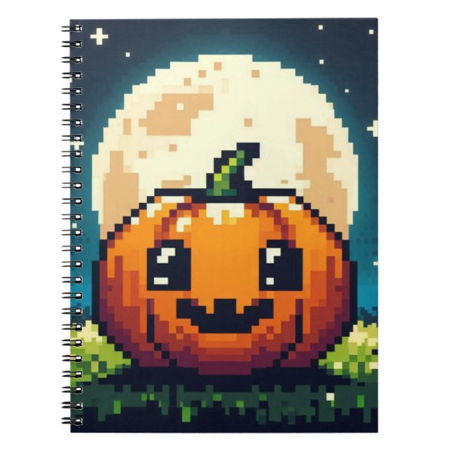 8-bitars Halloween-pumpa under måne Anteckningsbok (Framsidan)