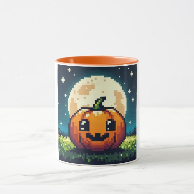 8-bitars Halloween-pumpa under måne Mugg (Center)