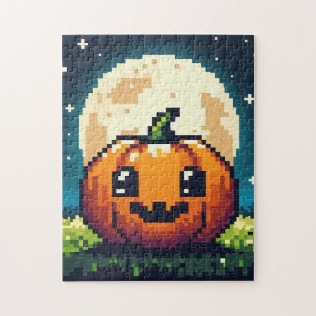 8-bitars Halloween-pumpa under måne Pussel (Vertikal)