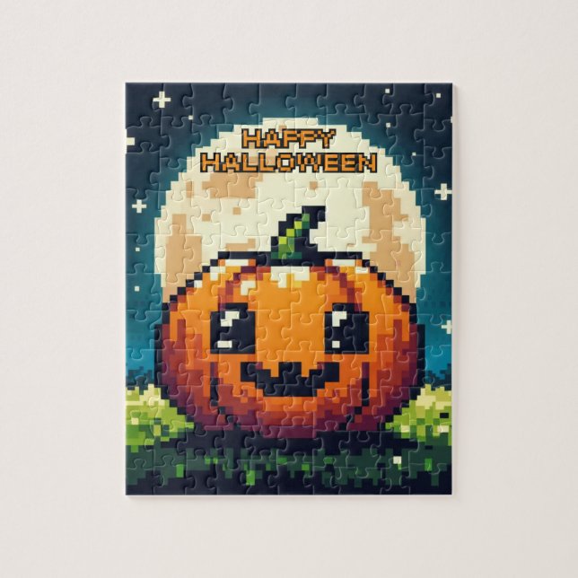 8-bitars Halloween-pumpa under måne Pussel (Vertikal)