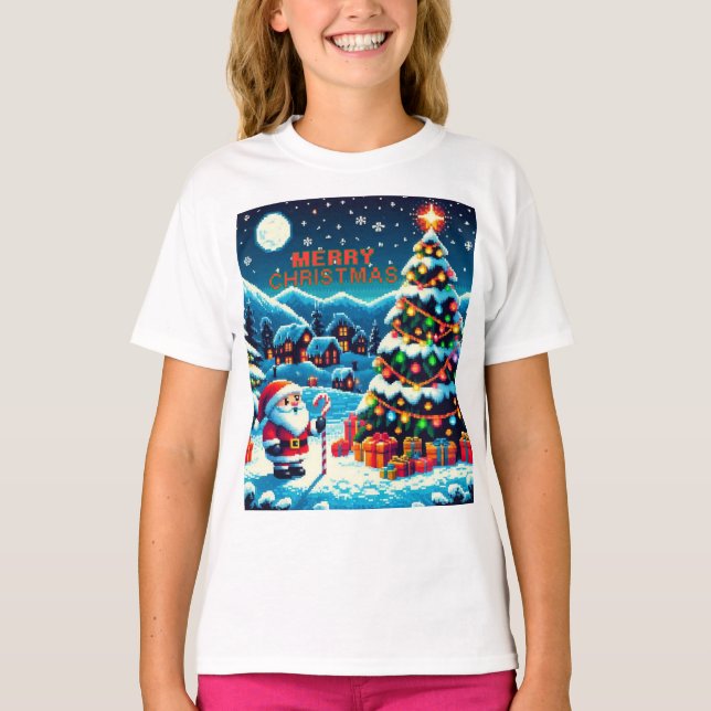 8-bitars Julgran och Santa T Shirt (Framsida)