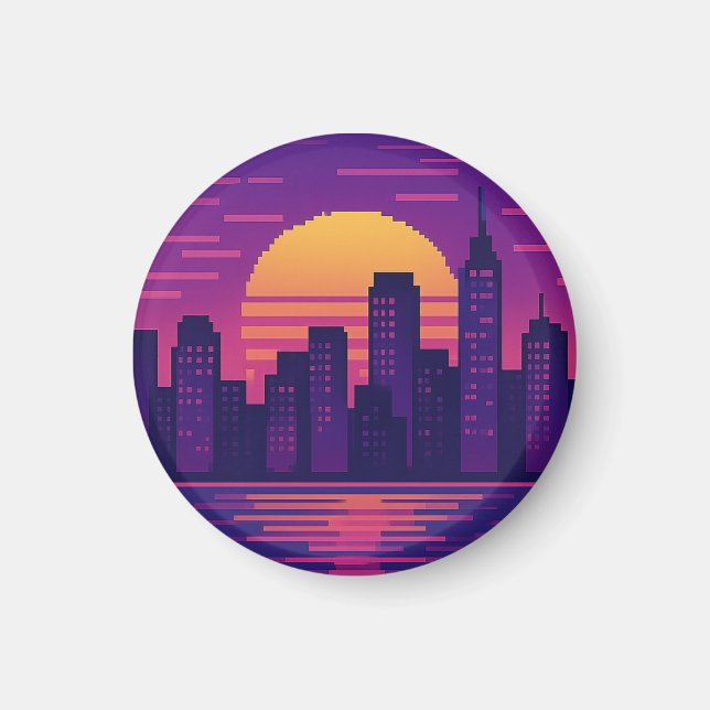 8-bitars neon city badge magnet (Framsidan)