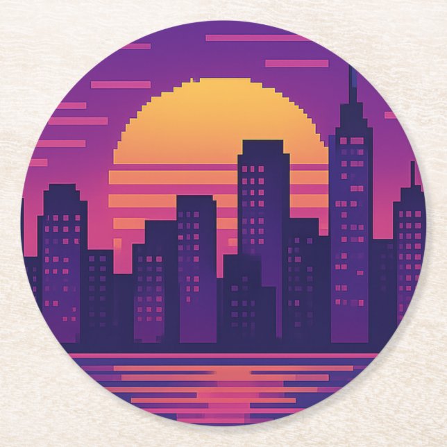 8-bitars neon city badge underlägg papper rund (Framsidan)