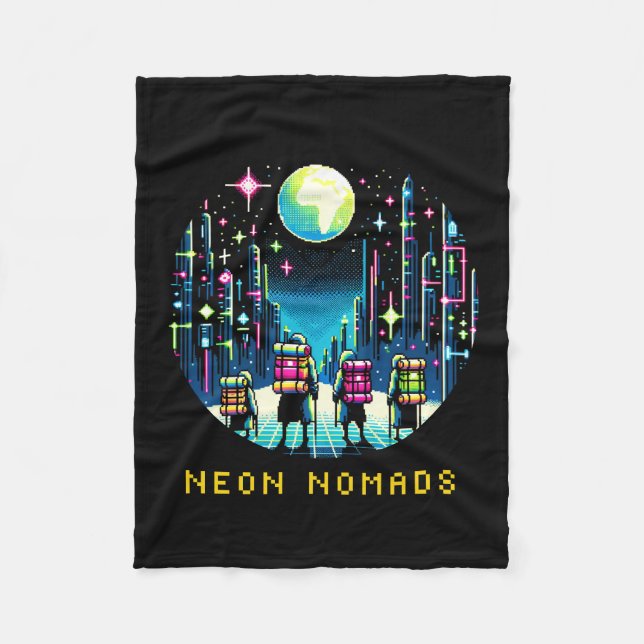8-bitars Neon Nomads - Cyberpunk City Äventyr Fleecefilt (Framsidan)
