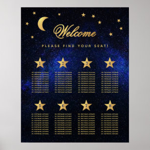 8 Bord Blå Guld Celestial Bröllopsplatskarta Poster