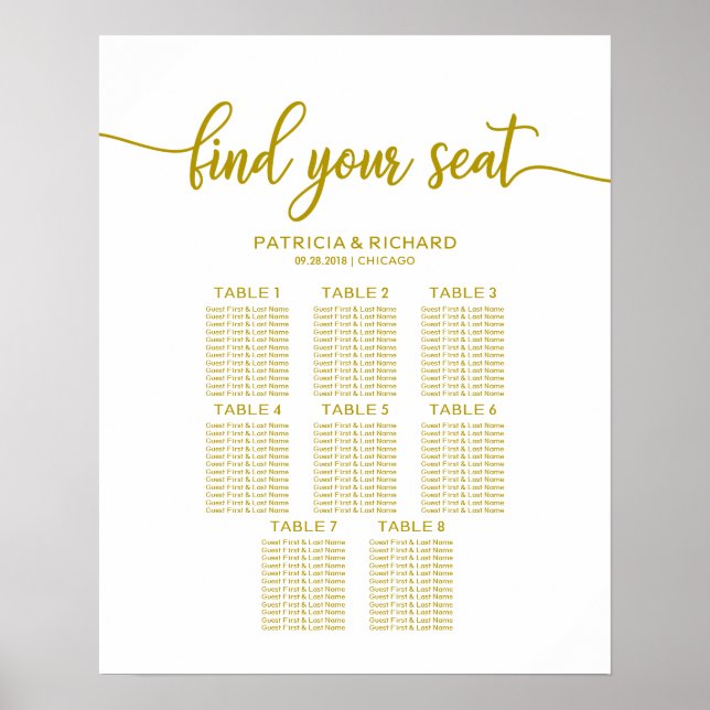 8 Bord Bröllop-sätesdiagram Guld Kalligrafi Poster (Framsidan)