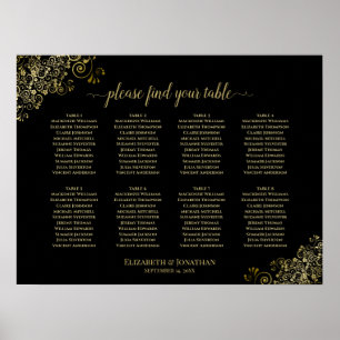 8 Bord Bröllop, sätesschemat Guld Frills på Svarta Poster