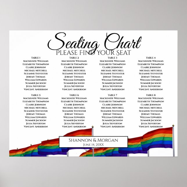 8 Bord Bröllop, sittplatsplan Gay Rainbow Flaggor Poster (Framsidan)